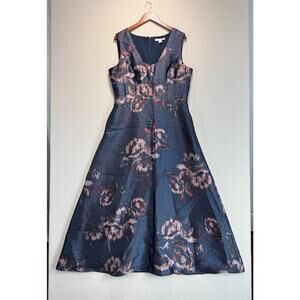 Kay Unger Dark Navy Blue Jacquard Floral Cocktail Dress Formal Pockets Size 16